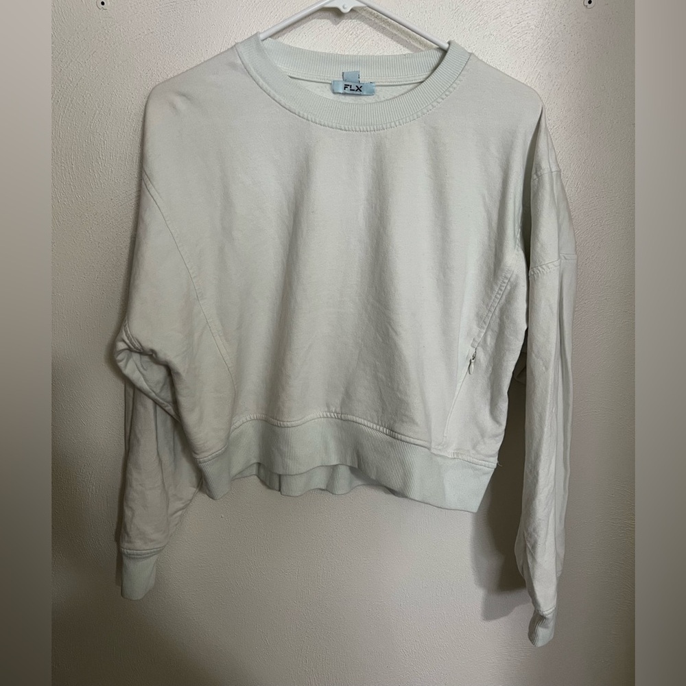 FLX Classic Fleece Cropped Athletic Crewneck Sweatshirt White Blue Women's Sz XS